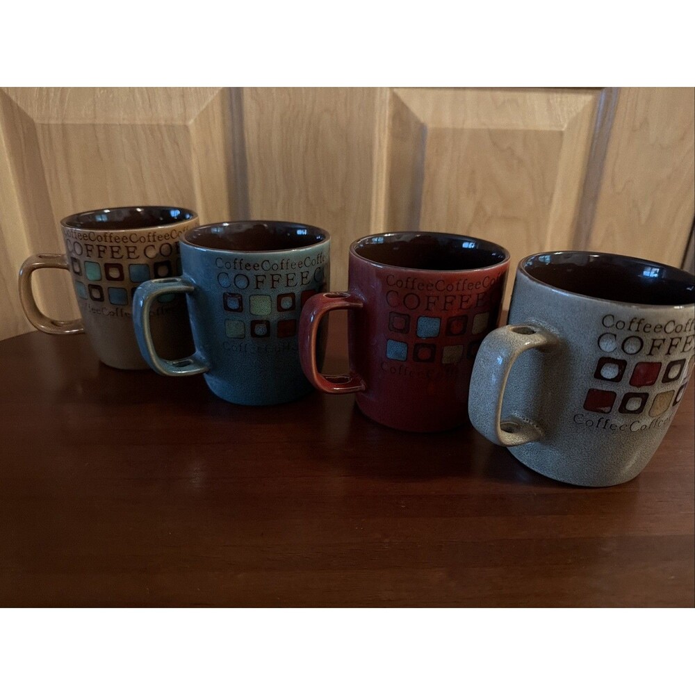 MR.COFFEE Americano 4 Pc. Set. Retro Geometric Design w/text.Built In Spoon Slot